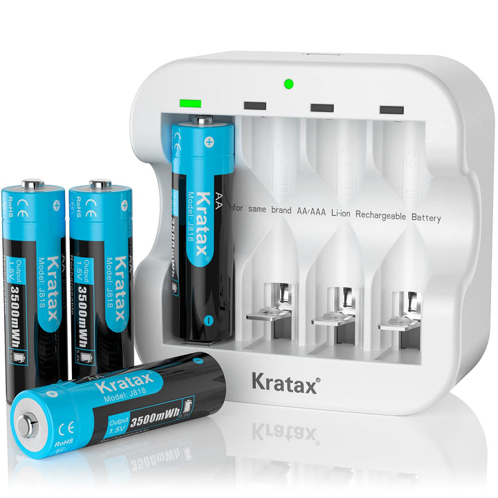 Kratax Wiederaufladbare 1,5V AA Akku Lithium, 3500mWh mit 1600 Zyklen, 1,5 Volt Konstante Ausgabe, 4