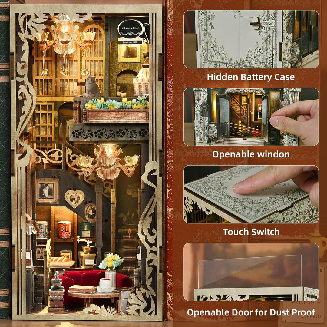 Book Nook Kit, DIY Miniatur Puppenhaus Bücherecke Kit für Jugendliche und Erwachsene-Saisons Café, S