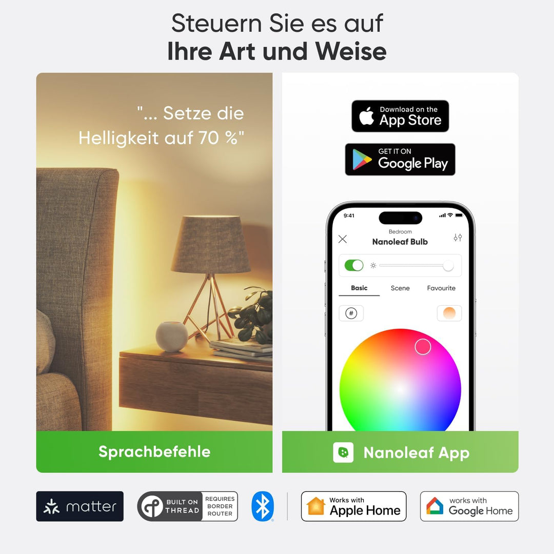 Nanoleaf Matter Essentials Glühbirne, 3 Smarten RGBW B22 LED Lampen - Matter über Thread, Bluetooth