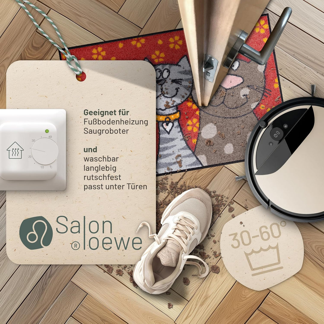 Salonloewe Fussmatte waschbar Katzenfamilie 50x75 cm HausTür-Eingangs-Matte lustig rot-bunt Tiere Fu