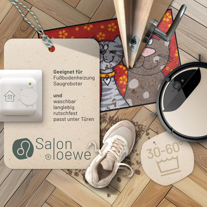 Salonloewe Fussmatte waschbar Katzenfamilie 50x75 cm HausTür-Eingangs-Matte lustig rot-bunt Tiere Fu