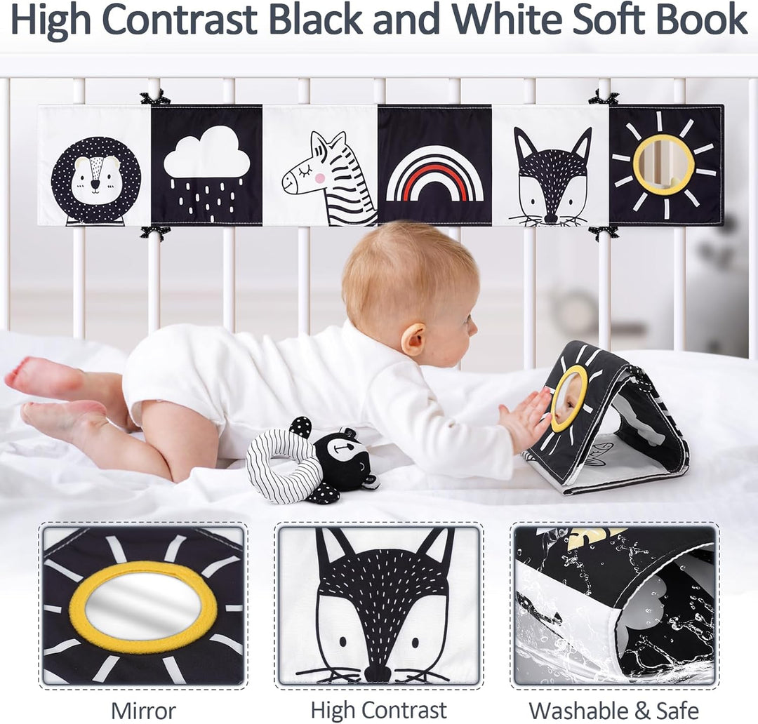 Joyreal Kinderwagen Spielzeug - Schwarz Weiss Spielzeug Stoffbuch, Kontrastbuch Baby, Kontrastkarten