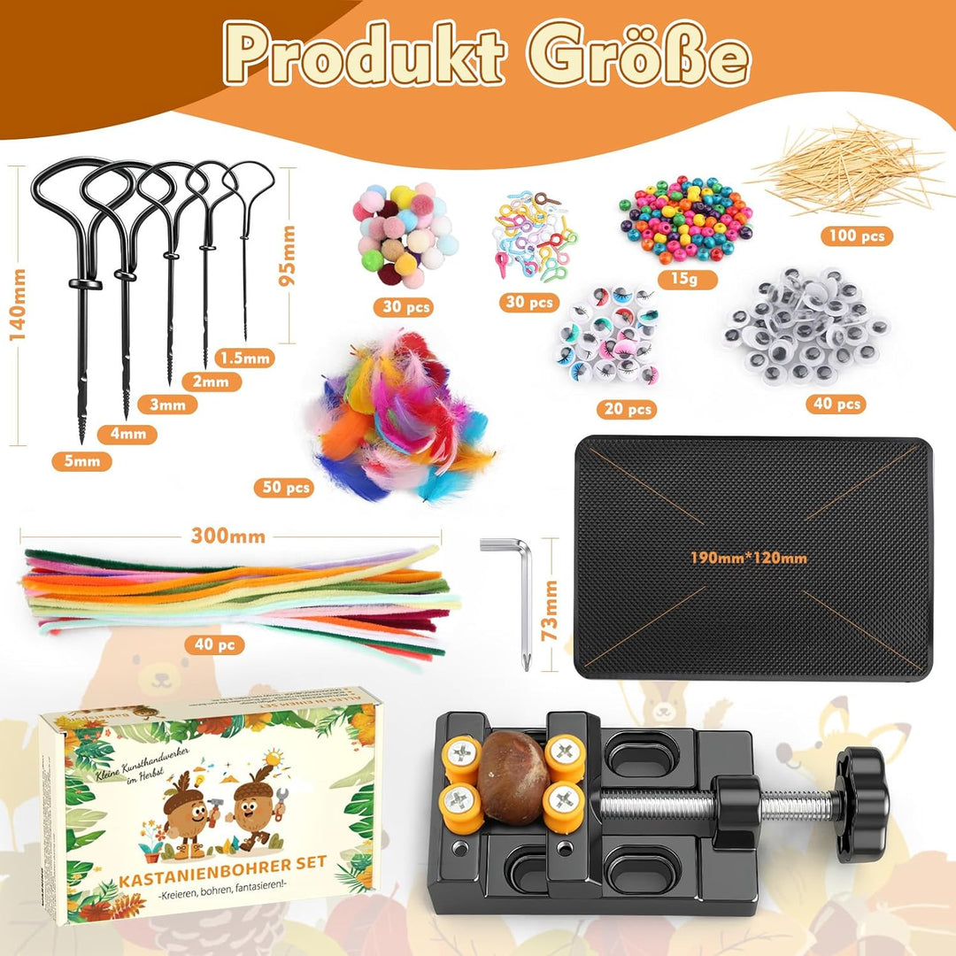 InemzTal Kastanienbohrer Kinder Set mit Kastanienhalter und DIY Bastel Zubehör,Kastanienset zum Bast