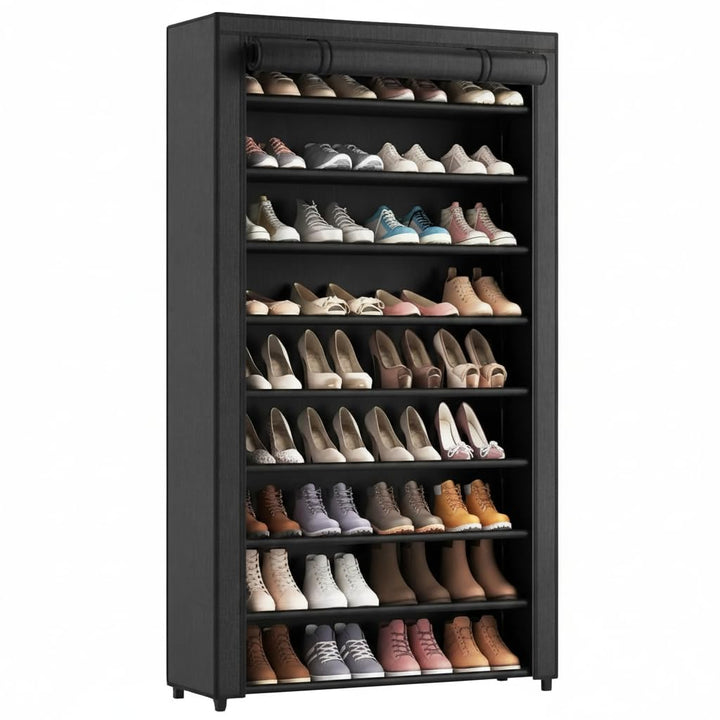 Brixy XXL Schuhregal mit 9 Ebenen für bis zu 54 Paar Schuhe, 160x100x28 cm, Staubschutzhülle, Schwar