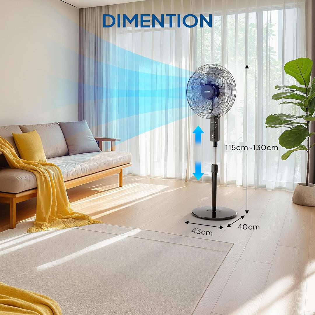 Bonnlo Standventilator mit Fernbedienung, 7,5H-Timer 3 Geschwindigkeitsstufen, Ventilator Höhenverst