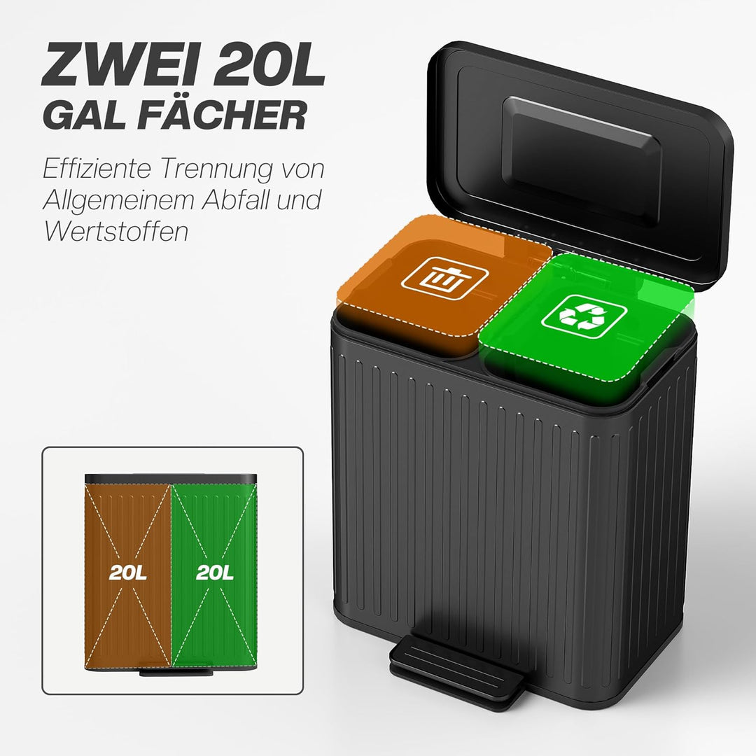 HOMCOM Mülleimer Küche 2 x 20 Liter Treteimer mit Abfallsortiersystem, Soft-Close-Deckel, Offenhalte