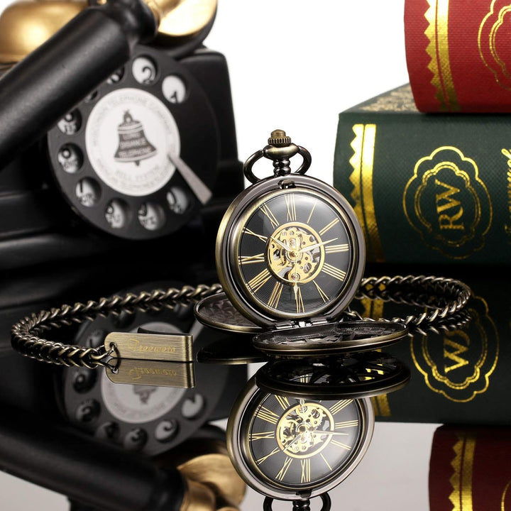 TREEWETO Unisex Taschenuhr mit Kette Analog Handaufzug Doppelscharnier Mechanisch Getriebe Skelett F