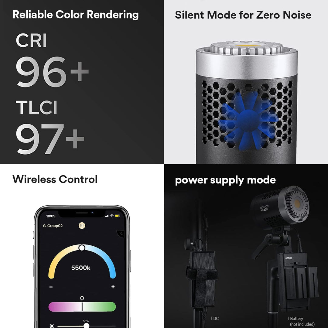 Godox ML30 37,6W LED Videoleuchte, CRI 96+ TLCI 97+, 5600K Farbtemperatur, 45700LUX@0,5m mit Reflekt