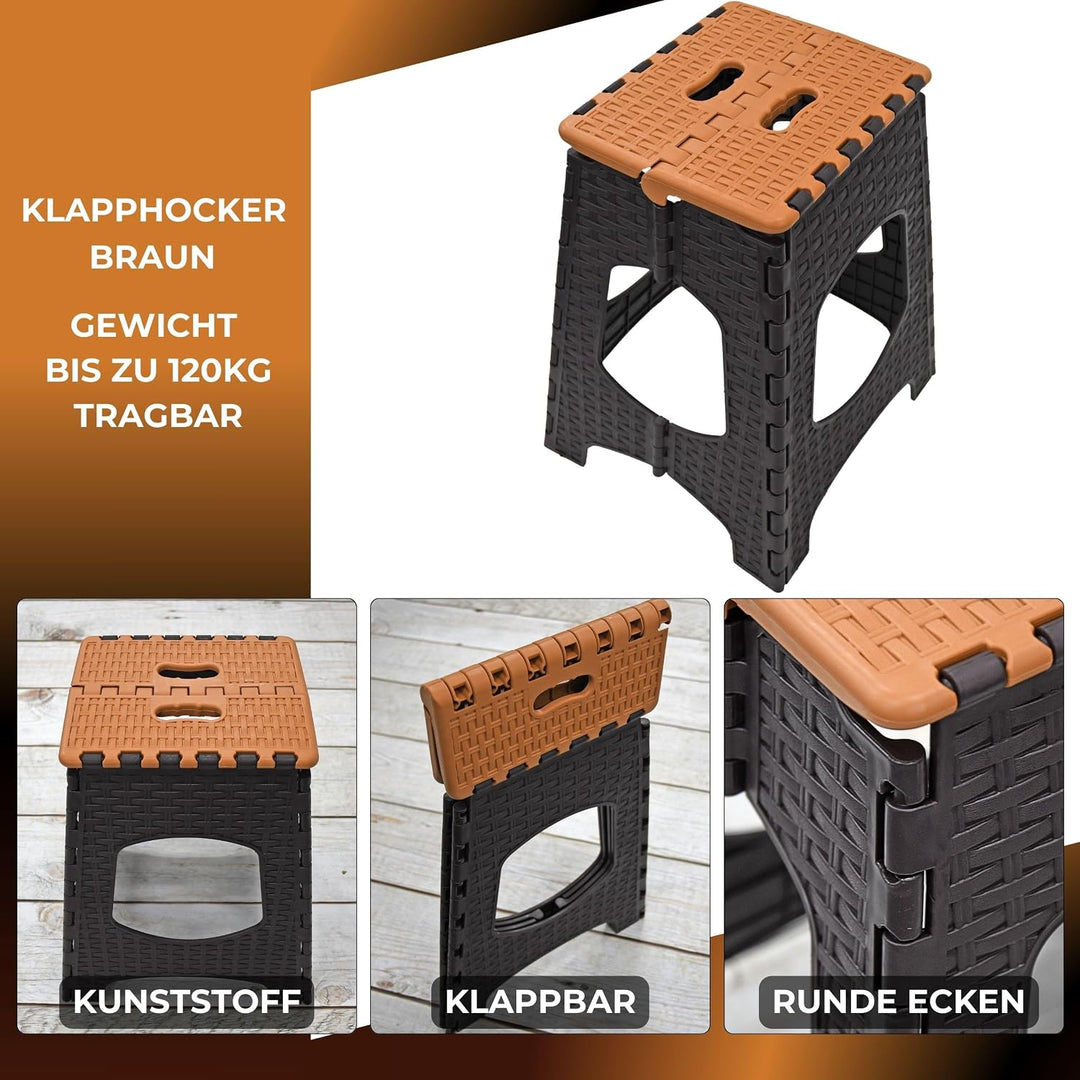 Klapphocker L (35x31,5x43cm) Braun – Tritthocker faltbar bis 120 kg – rutschfest &amp; tragbar – Kunstst