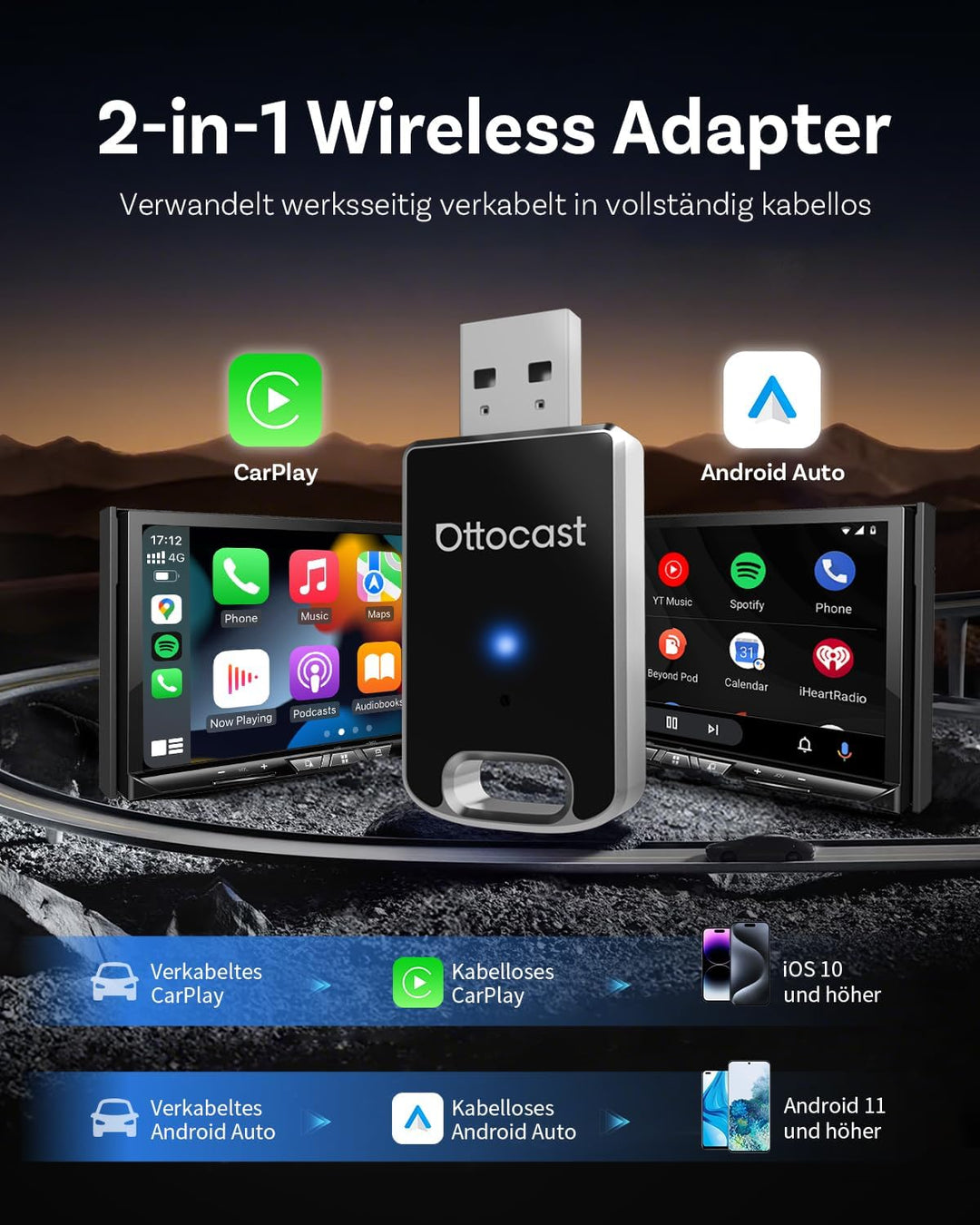 OTTOCAST Mini Edge 2025 Upgraded, 2-in-1 Kabelloser CarPlay & Android Auto Adapter für iOS 10+ & And
