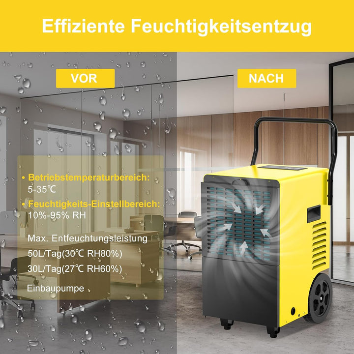 Bautrockner Luftentfeuchter Keller 50 L/Tag mit Integrierte Pumpe - Fläche 150 m²/380 m³ - 24Hr Time