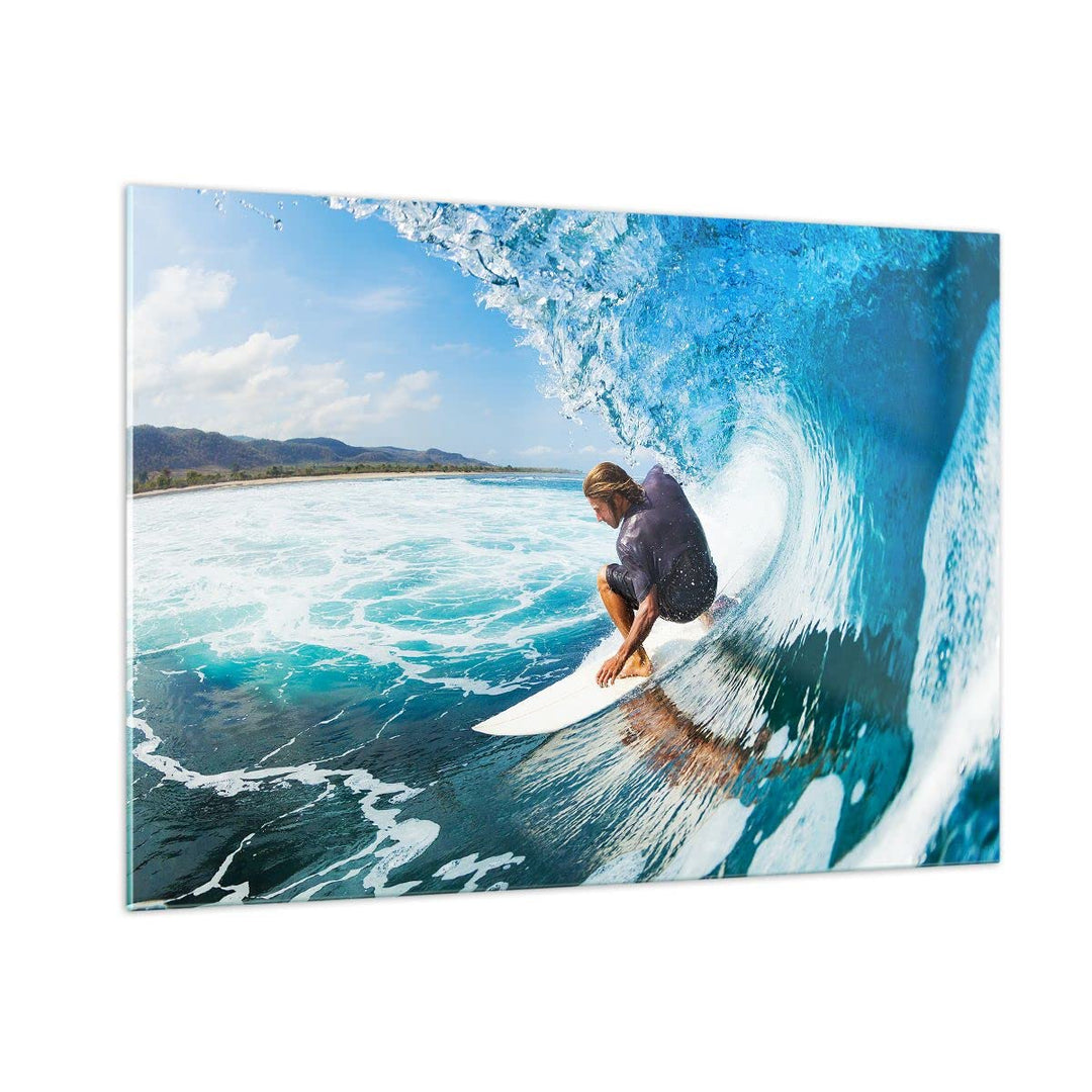 Bilder auf Glas 100x70cm Glasbild Surfen Surfer Ozean Welle Gross Wanddeko Bild im Glas Schlafzimmer