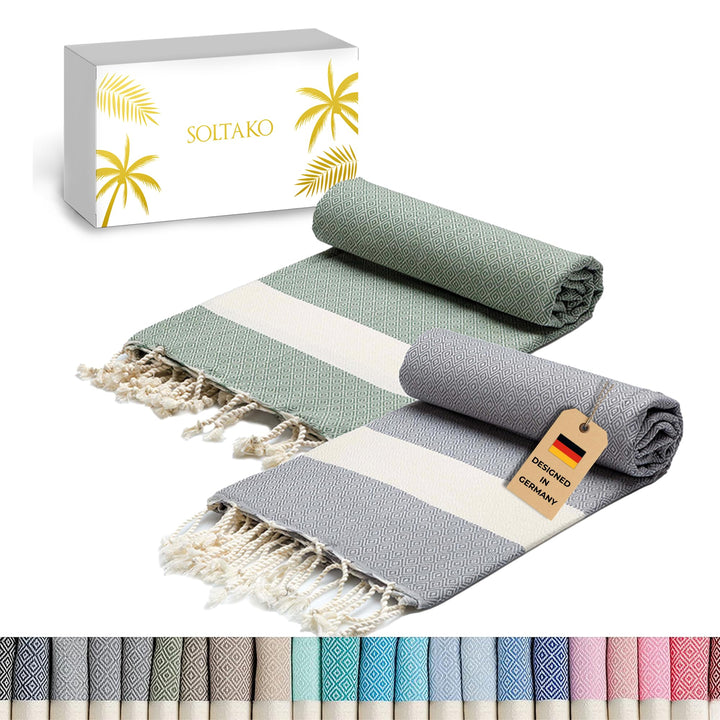 SOLTAKO Fouta Diamant Premium, 2er Set, Königblau/Khaki, 100/200cm Königblau/Khaki 2, Königblau/Khak