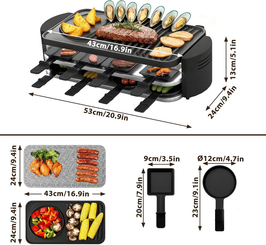 FIVMEN Raclette 8 Personen Raclette Grill 1600W mit 14 Pfännchen, Granitplatte & Antihaftplatte Elec
