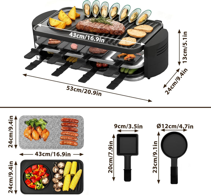 FIVMEN Raclette 8 Personen Raclette Grill 1600W mit 14 Pfännchen, Granitplatte & Antihaftplatte Elec