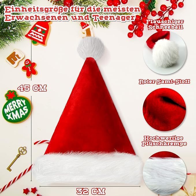 obqo 4 Stück Weihnachtsmütze Erwachsene - Flauschige Plüsch Nikolausmütze für Frauen Männer Extra di