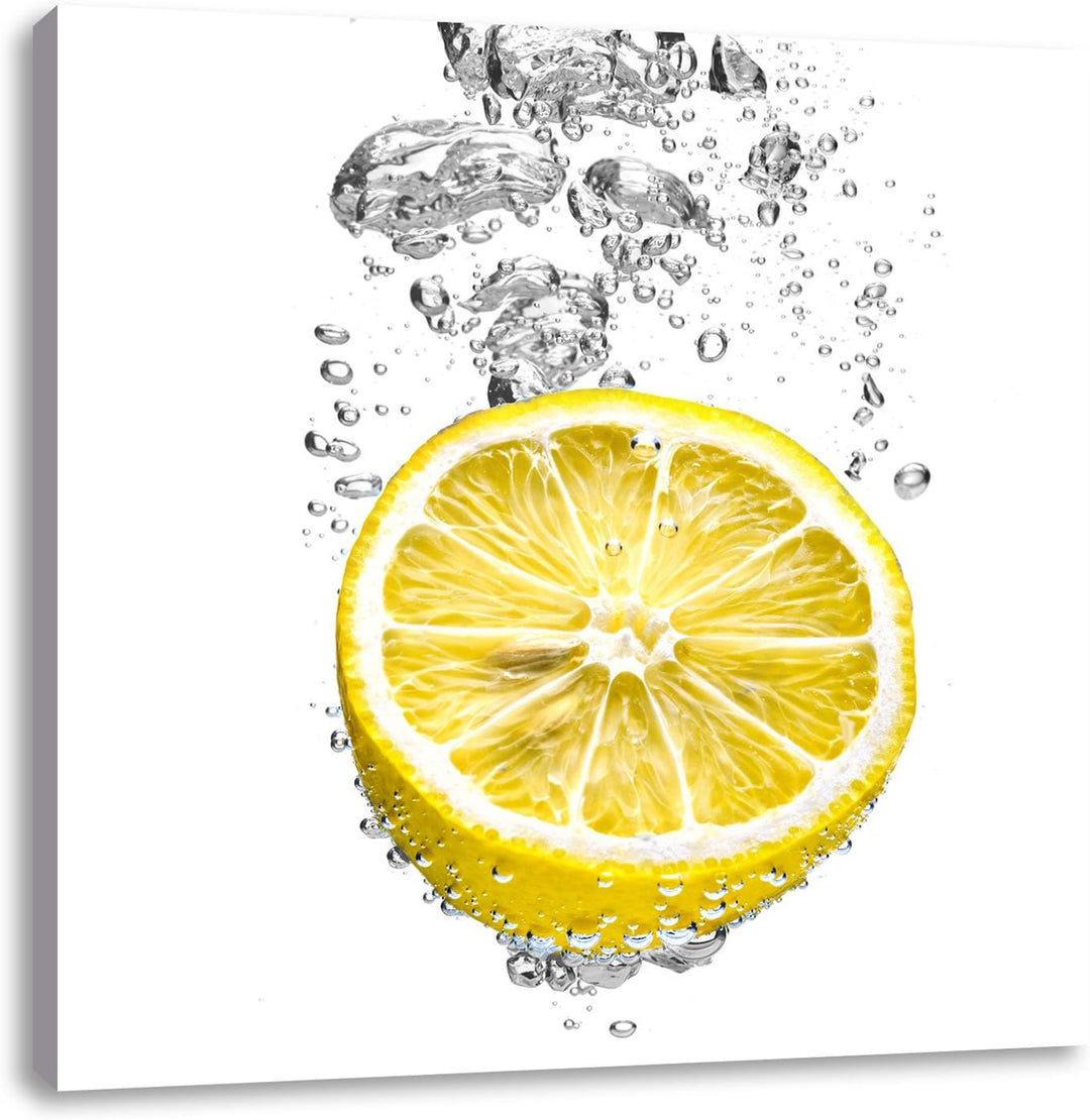 Pixxprint ins Wasser gefallene Zitrone als Leinwandbild Quadratisch/Grösse: 70x70 / Wandbild/Kunstdr