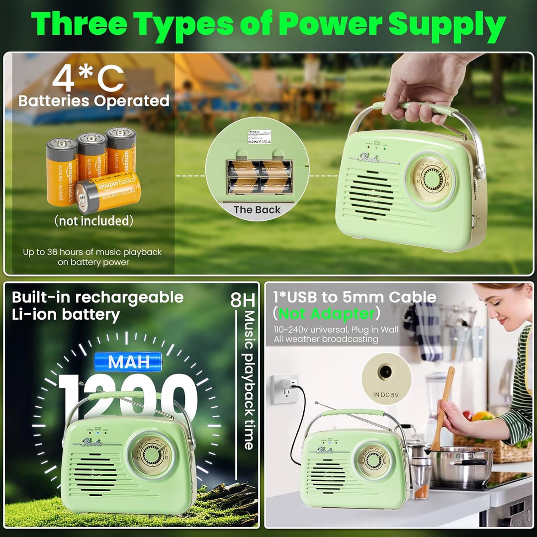 Radios Portable Am Fm, Kleine Retro Vintage Radio Bluetooth, AA-Batterie betriebene Radio oder Steck