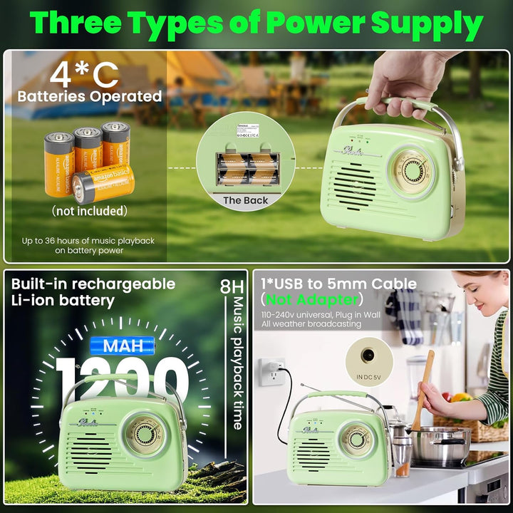 Radios Portable Am Fm, Kleine Retro Vintage Radio Bluetooth, AA-Batterie betriebene Radio oder Steck