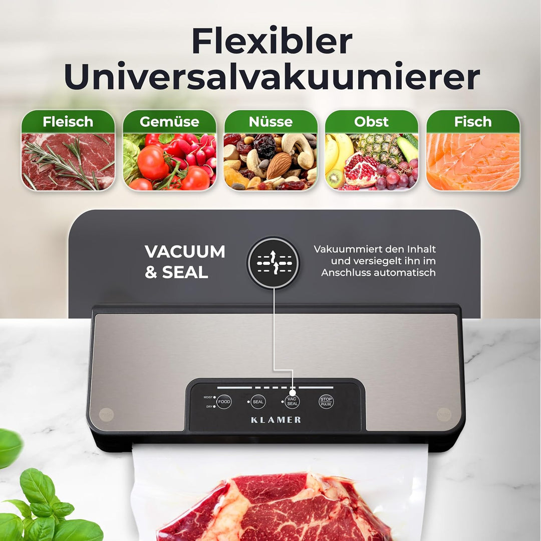KLAMER Vakuumierer Classic Pro 80 - Vakuumiergerät für trockene oder feuchte Lebensmittel und Sous V