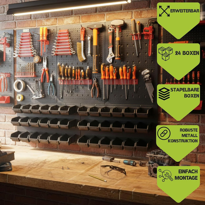 botle® Werkzeugwand Lochwand aus Metall, Stapelboxen + Wandregal + Werkzeughalter 51-tlg Set, Kleint