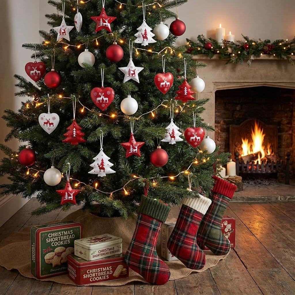 Valery Madelyn 18 Stück traditioneller Weihnachtsbaumschmuck in Rot und Weiss, hängende Weihnachtsan