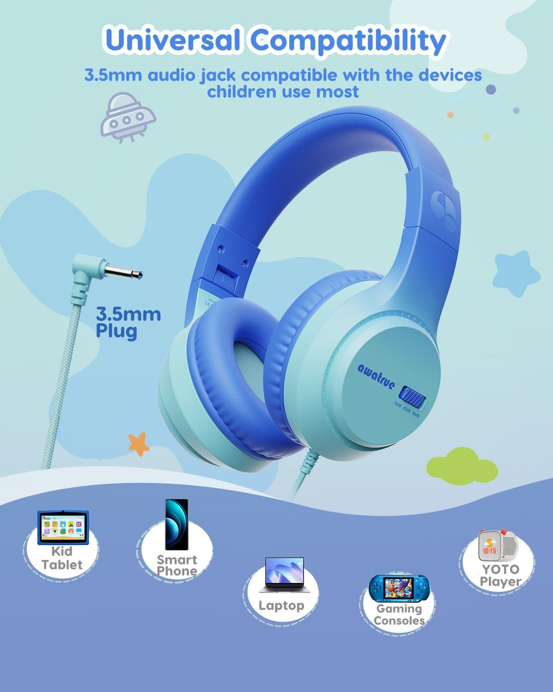 Kinder Kopfhörer, 74/85/94dB Sichere Lautstärke Kopfhörer Kinder mit Kabel, Stereo Sound, Faltbare,