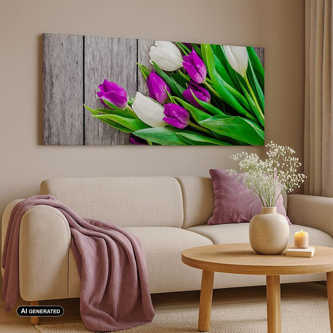 Wandbilder Dekoration Wohnzimmer Tulpen Holz Blumenstrauss Blumen Panorama Bilder auf Leinwand 120x5