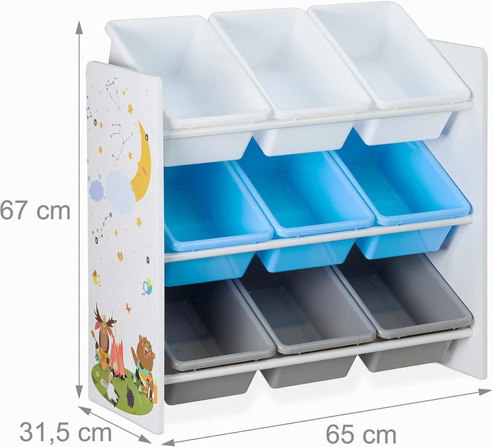 Relaxdays Kinderregal, 9 Aufbewahrungsboxen, Lagerfeuer Motiv, MDF, Kunststoff, Spielzeugregal HBT: