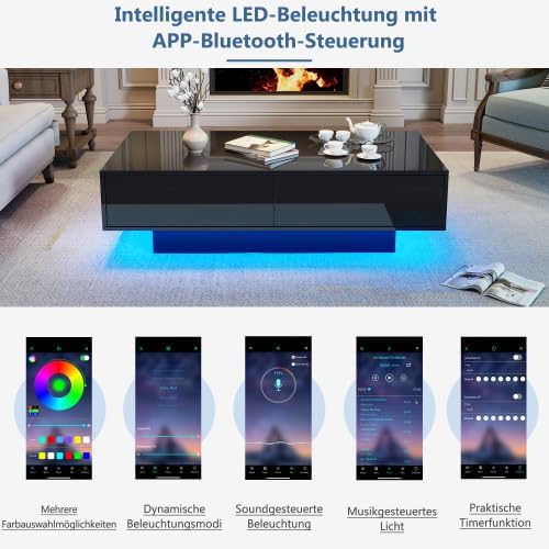 Merax Hochglanz Couchtisch 115 x 55 x 34 cm, Wohnzimmertisch mit 2 Schubladen, LED-Beleuchtung und 3