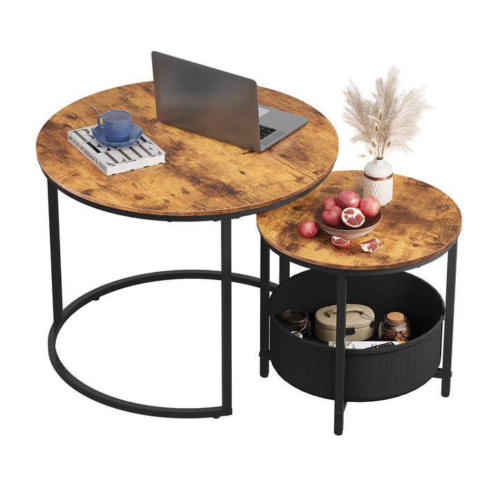 WLIVE Couchtisch 2er Set, Beistelltisch Rund mit Stauraum, Wohnzimmertisch Holz mit Metallrahmen, So