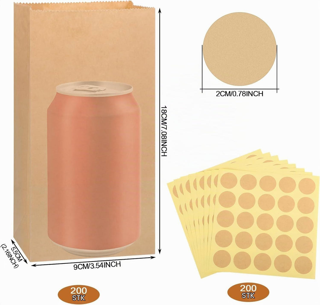 200 Stück Papiertüten, 18x9x5,5 cm Geschenktüten Klein Braun Kraftpapier Tüten Butterbrottüten Mitge