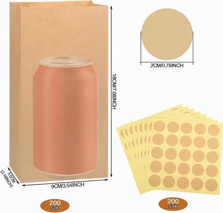 200 Stück Papiertüten, 18x9x5,5 cm Geschenktüten Klein Braun Kraftpapier Tüten Butterbrottüten Mitge
