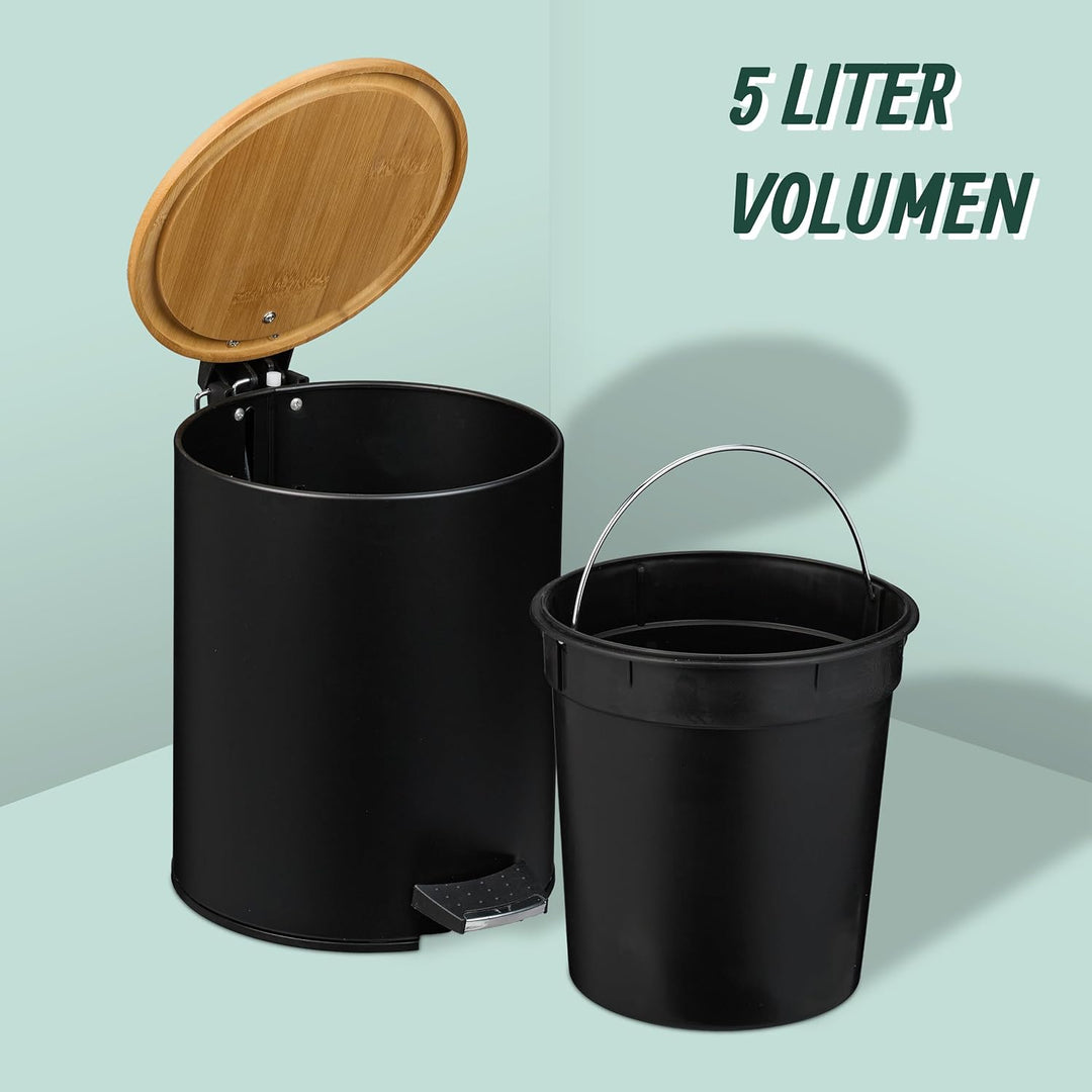 Relaxdays Kosmetikeimer 5 L, Absenkautomatik, Inneneimer entnehmbar, Badmülleimer, Metall, Bambus, M