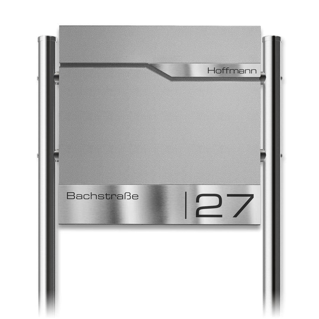 Metzler Standbriefkasten in Graualuminium - Pulverbeschichtet & mit Zeitungsfach - Inkl. Edelstahl S