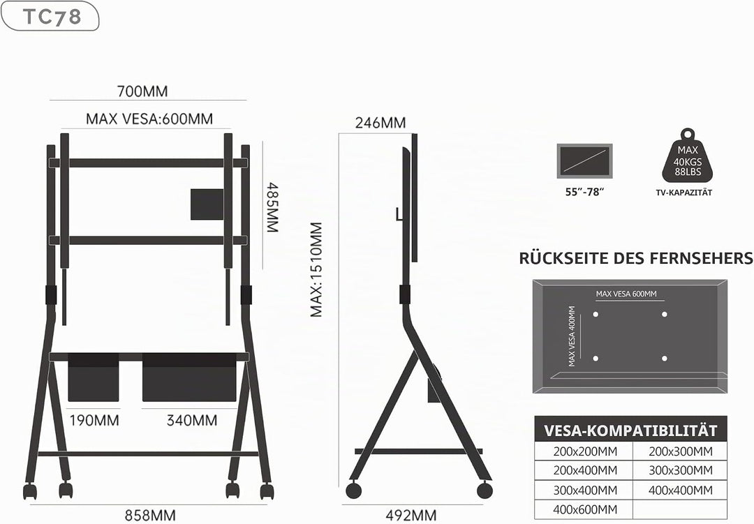 FITUEYES Design Mobiler TV Ständer Rollbar, TV Stand für 55 60 65 70 75 78 Zoll TV bis 45kg, Höhenve