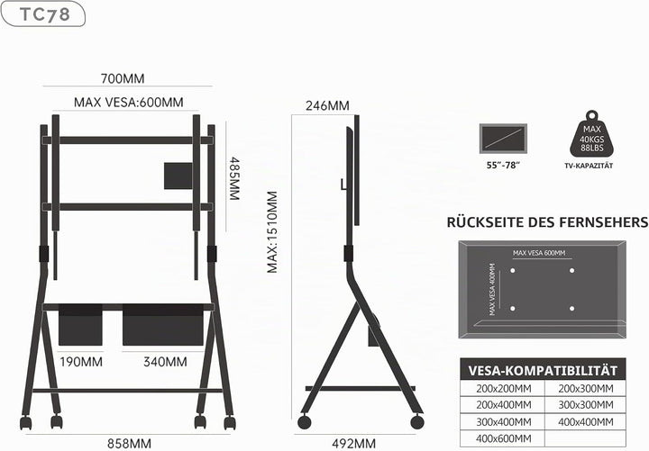 FITUEYES Design Mobiler TV Ständer Rollbar, TV Stand für 55 60 65 70 75 78 Zoll TV bis 45kg, Höhenve