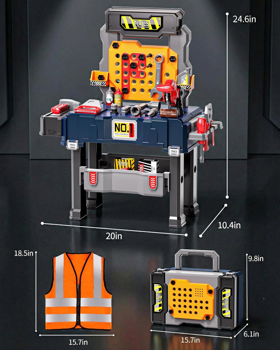 Jovow Kids Tool Bench with Electric Drill and Engineer Vest, 3-in-1 Toddler Workbench and Costume Se