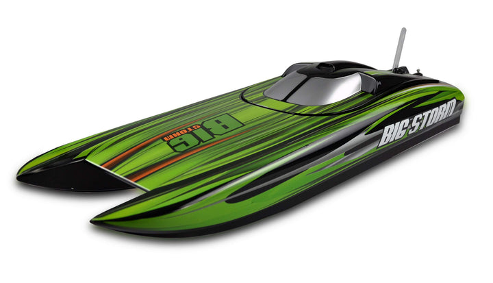 Amewi 26077 Big Storm Rennkatamaran Brushless 740mm ARTR, ferngesteuertes Boot, bis 65 Km/h, Grün/Sc