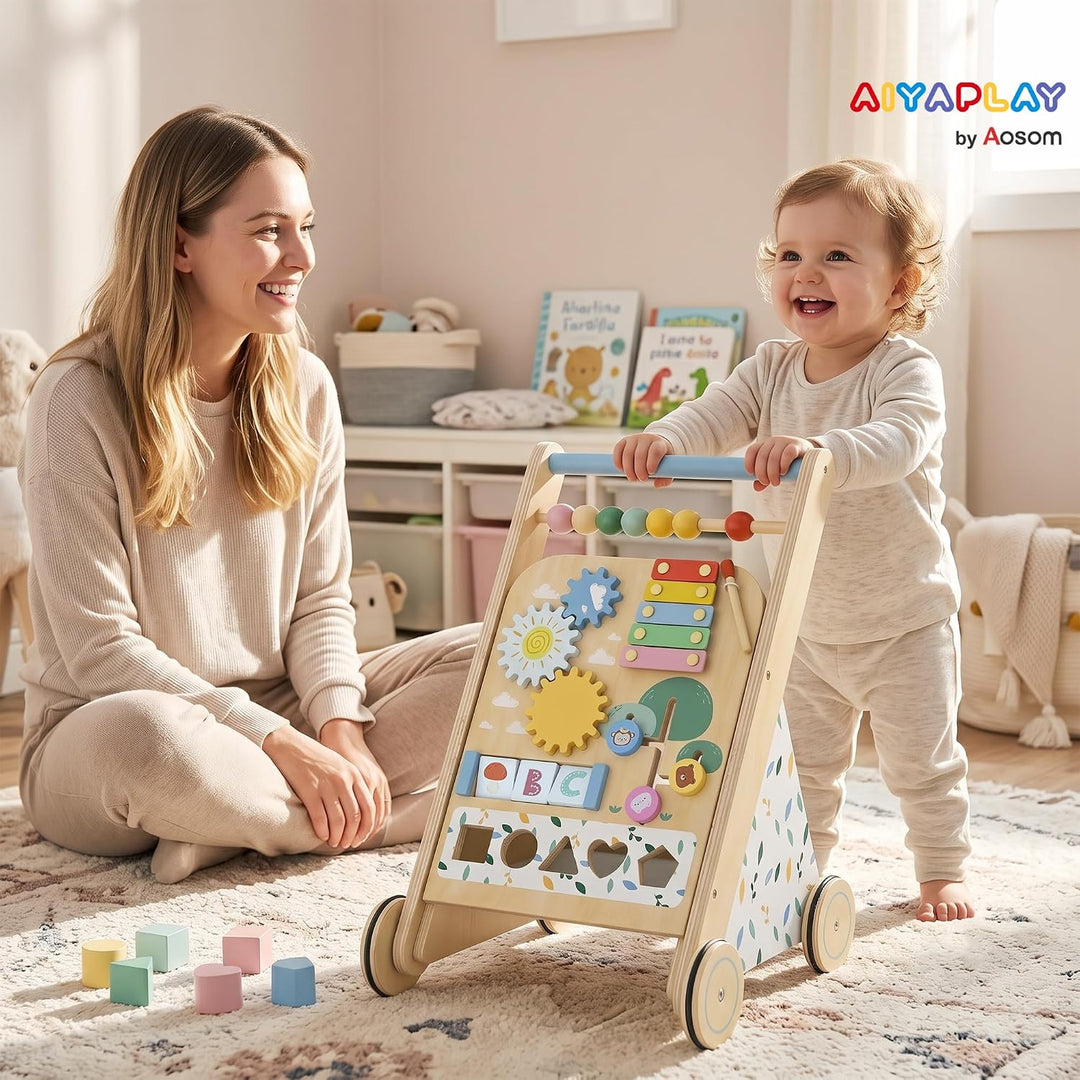 AIYAPLAY Baby Lauflernwagen Holz Gehhilfe mit Rädern ab 18 Monaten | Regulierbare Geschwindigkeit, L