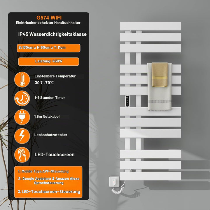 TINS Elektrischer Handtuchhalter, Badheizkörper Elektrisch WiFi Weiss, 500×1300mm, 450W, für Alexa u