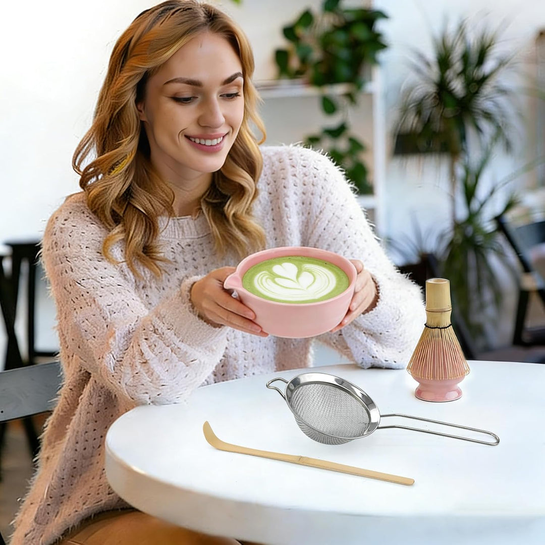 5 Stück Matcha Set, Japanisches Matcha Tee Set mit Bambusbesen, Keramik Schale mit Ausgiesser, Edels