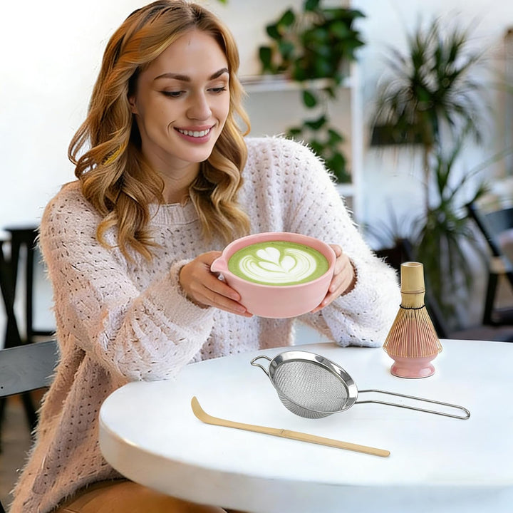 5 Stück Matcha Set, Japanisches Matcha Tee Set mit Bambusbesen, Keramik Schale mit Ausgiesser, Edels