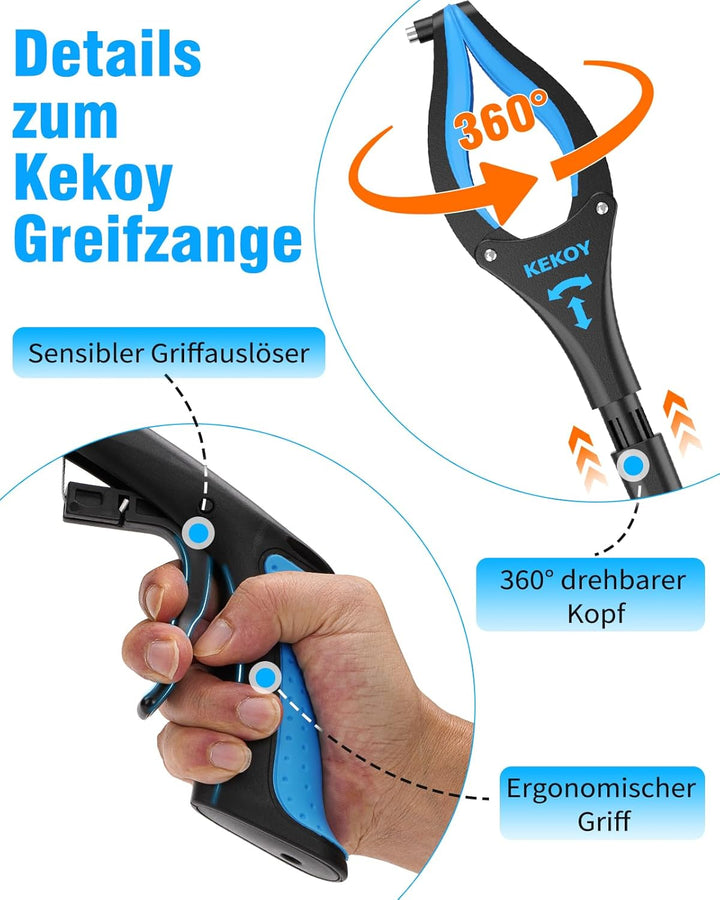 Kekoy Greifzange für Senioren 110cm Aluminium Müllzange, Faltbare Greifer für Senioren, Drehbar Müll