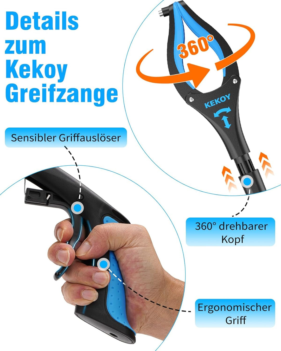 Kekoy Greifzange für Senioren 91cm Aluminium Müllzange, Faltbare Greifer für Senioren, Drehbar Müllg