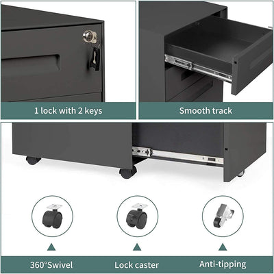 Dripex Metall Rollcontainer Stahl Rollcontainer mit 3 Schubladen und Hängeregistratur Abschliessbare