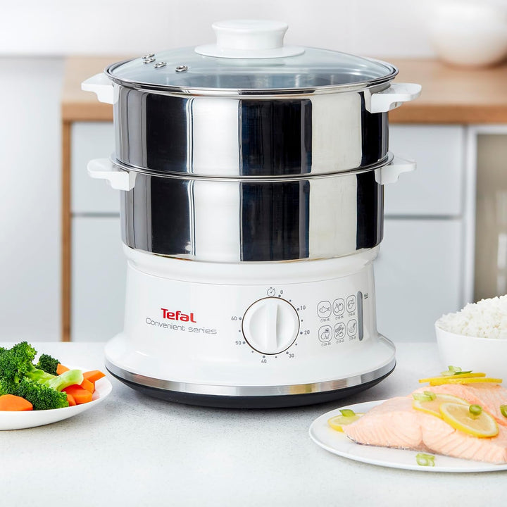 Tefal Dampfgarer VC1451 | 2 Edelstahlbehälter | 6L Fassungsvermögen | 24cm Durchmesser | Timer und a