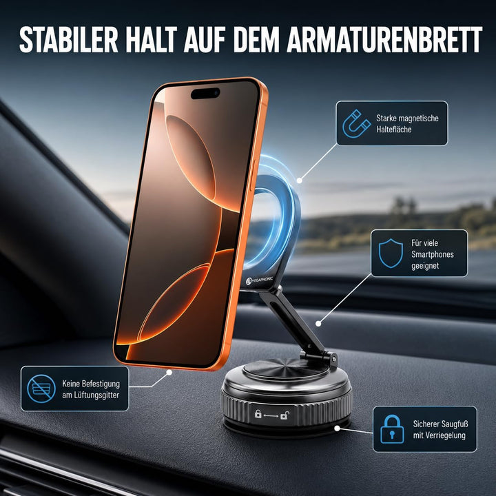 MEGAPHONIC Handyhalterung Auto Magnet, kompatibel mit MagSafe, 20 N55 Magnete, Vakuum-Saugnapf, 360°