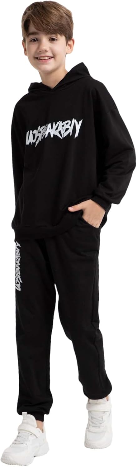 amropi Jungen Hoodie Trainingsanzug Sweatshirt Top und Hose Kleidungsset 2-15 Jahre 6-7 Jahre Schwar