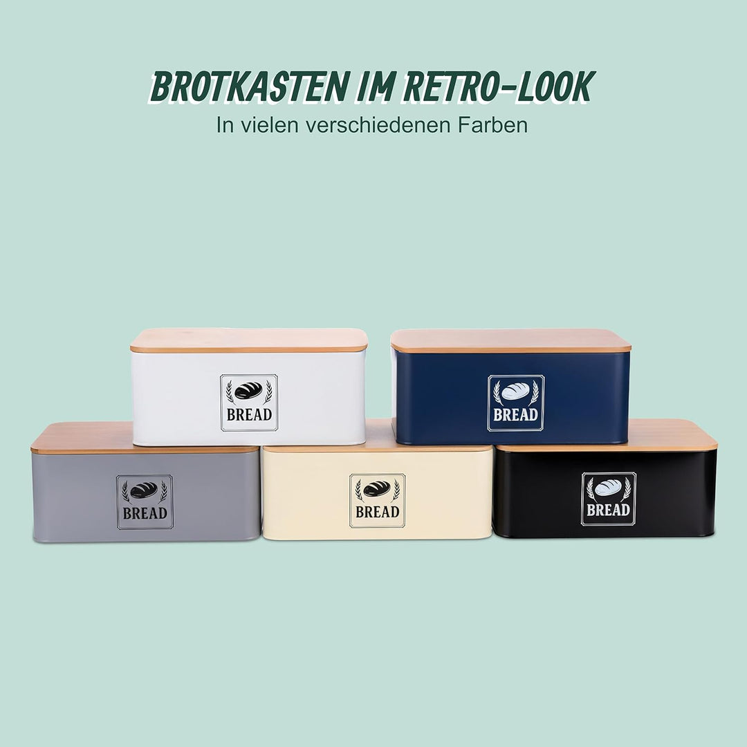 Relaxdays Brotkasten, Bambusdeckel, Metall, HxBxT: 13,5 x 33 x 19 cm, Retro Brotaufbewahrungsbox, Br